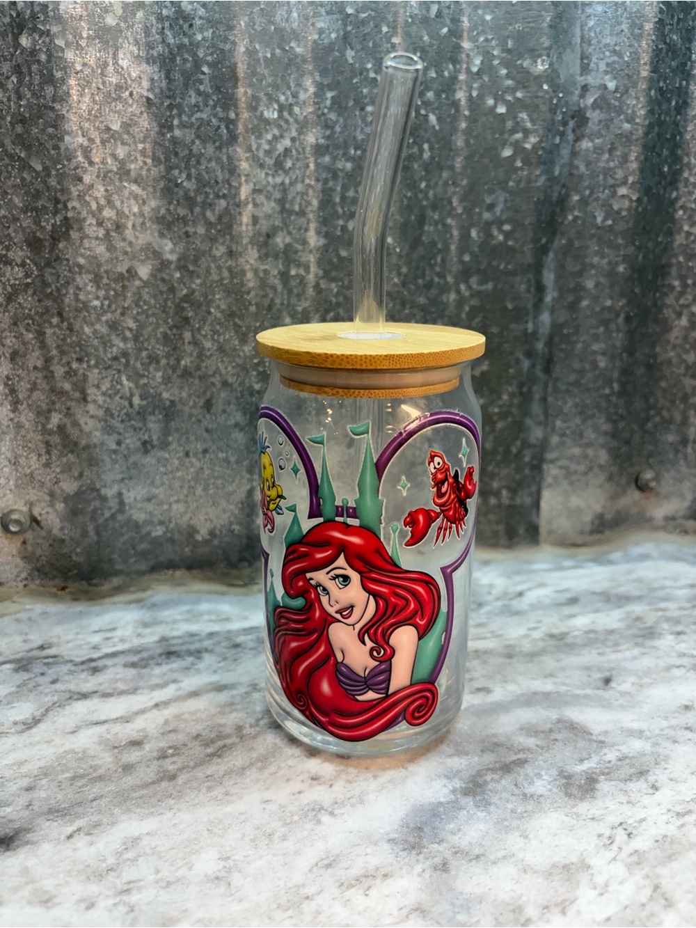 Disney Ariel Glass Tumbler with Purple and Red Artwork